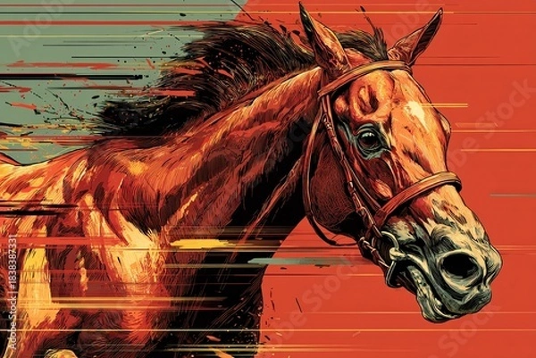Fototapeta Galloping Horse: Capturing the raw power and dynamism of a horse in full stride, showcasing the equine grace and speed, with a burst of motion lines that evoke a sense of velocity and freedom.