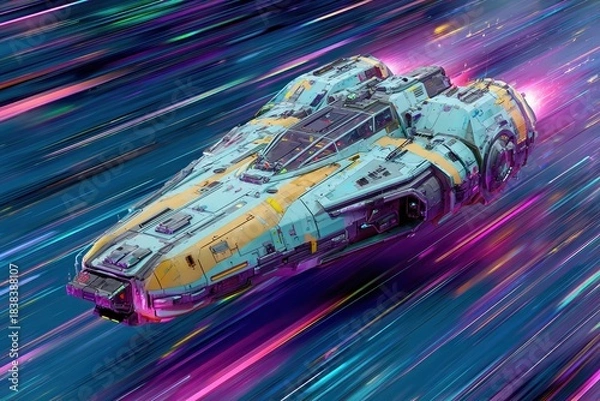 Fototapeta Futuristic Spaceship: A sleek, modern spaceship hurtles through a vibrant, star-filled cosmos, its design suggesting speed and advanced technology, against a dynamic backdrop of motion.