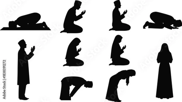 Obraz Islamic prayer icon set, black silhouette figures in various Salah postures for worship design, cad drawing flat vector illustration