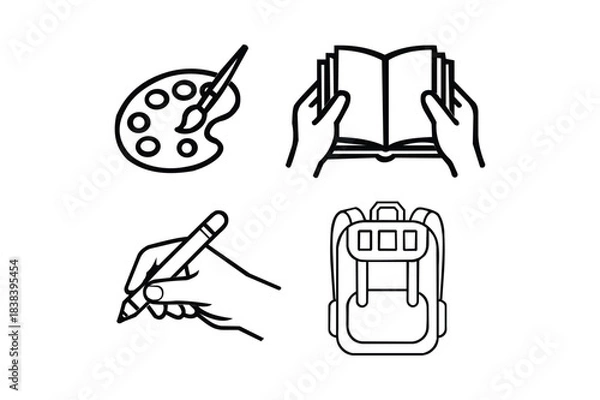 Fototapeta Educational Tools Icon Set - Palette, Book, Pen, and Backpack in Black and White. Resizable and Editable, EPS 10.