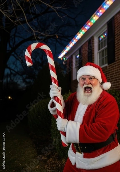 Obraz Angry Santa Claus Holding A Giant Candy Cane At Night