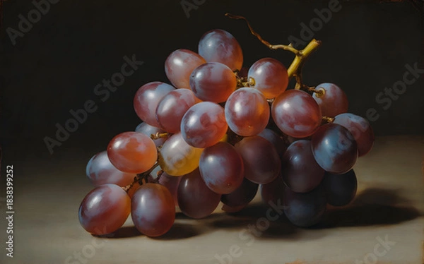 Obraz Realistic red grapes bunch oil painting, classic still life fruit on dark background, ripe purple food illustration, fresh organic wine ingredient, vintage art for kitchen decor, juicy sweet harvest.