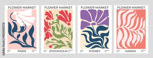 Fototapeta Set of abstract Flower Market posters. Trendy botanical wall arts with floral design. Modern botanical illustrations for prints,flyers, banners, invitations,  covers