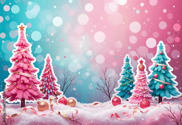 Fototapeta Pink and turquoise watercolor background with stylized patterned Christmas trees bright red ornaments festive ribbons soft bokeh