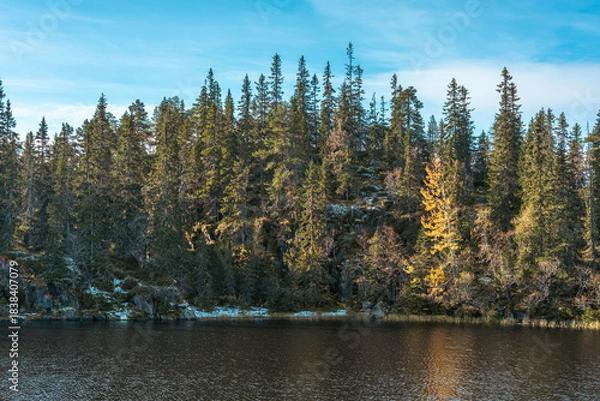 Fototapeta By the Veltfiskelausen Lake of the Totenåsen Hills with a view towards the hilltopp of Bygdeborgen Borgen.