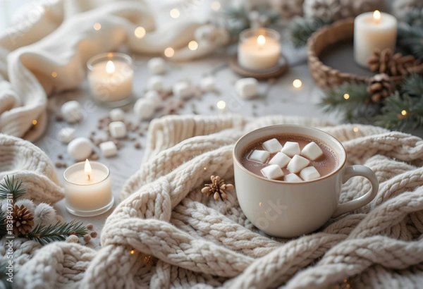 Fototapeta Cozy winter flat lay with knitted blanket candles hot cocoa and pine branches in warm tones