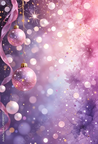 Fototapeta Watercolor background shifting from pink to lilac with pearlescent ornaments sparkling threads soft festive confetti