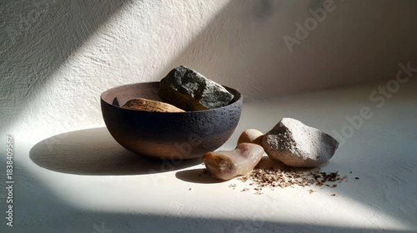 Fototapeta A minimalist arrangement featuring a bowl with various stones, softly illuminated by natural light, creating a serene and earthy ambiance.