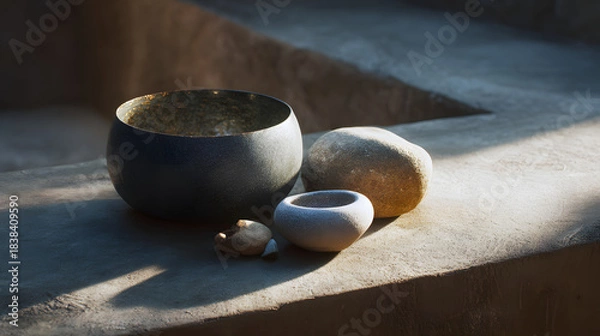 Fototapeta A serene arrangement of stone bowls and pebbles on a textured surface, illuminated by soft light, creating a calming aesthetic.