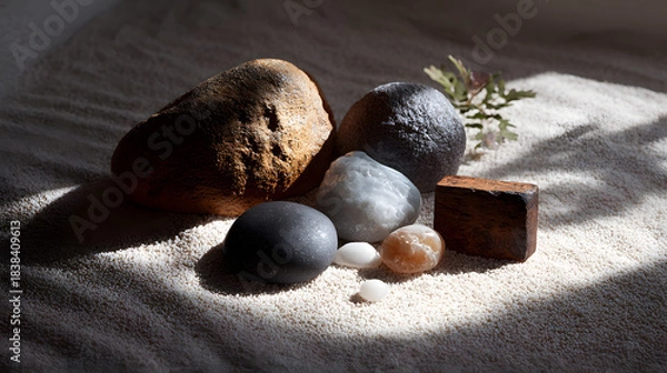 Fototapeta A serene arrangement of various stones on a sandy surface, illuminated by soft light, creating a calming natural aesthetic.