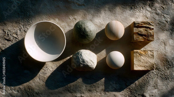 Fototapeta A minimalist arrangement of various geometric shapes, including spheres and cubes, casting soft shadows on a textured surface.