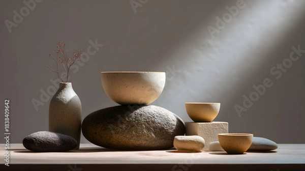 Fototapeta A serene arrangement of pottery and stones, showcasing organic shapes and textures under soft lighting.