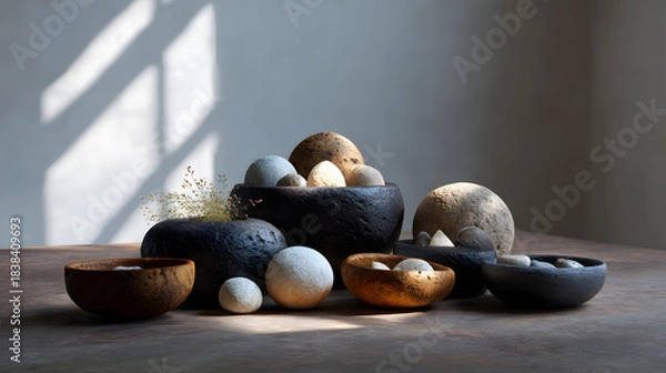 Fototapeta A serene arrangement of textured bowls filled with smooth stones, bathed in soft natural light, creating a calm and minimalist aesthetic.