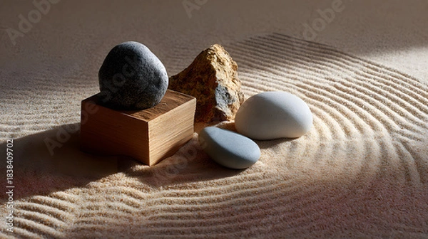 Fototapeta A tranquil arrangement of stones on sand, featuring smooth textures and gentle lines, evoking a sense of calm and simplicity.