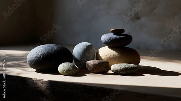 Fototapeta A serene arrangement of smooth stones with varied shapes and colors, casting gentle shadows on a wooden surface.