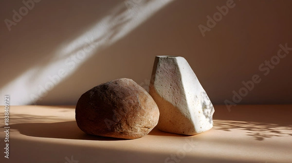 Fototapeta Two textured rocks, one rounded and one angular, are beautifully lit against a soft background, highlighting their natural forms and shadows.
