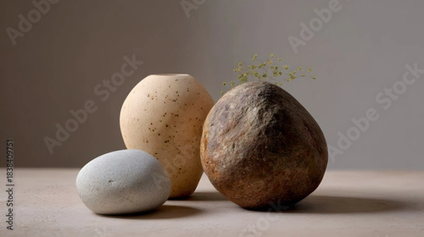 Fototapeta Three uniquely shaped vases in earthy tones, with a sprig of greenery in one, set against a neutral background, showcasing minimalist design.