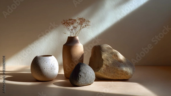 Fototapeta A serene arrangement of textured pottery and stones, illuminated by soft sunlight, creating a calm and minimalist aesthetic.