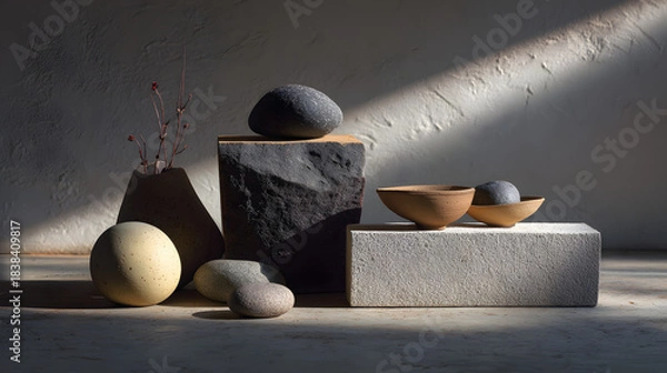 Fototapeta A serene arrangement of stones and ceramic bowls casts soft shadows, showcasing natural textures and earthy tones in a minimalist setting.