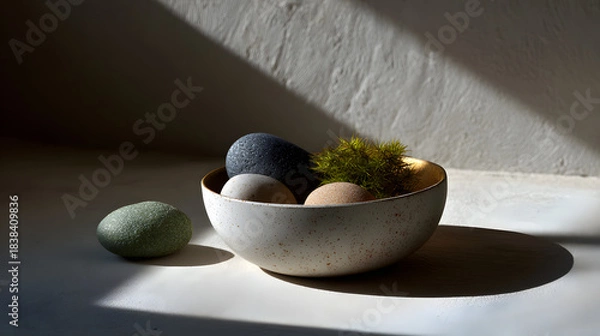 Fototapeta A serene arrangement of smooth stones and moss in a bowl, illuminated by gentle light, creating a tranquil atmosphere.