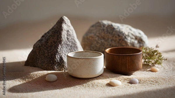 Fototapeta A serene arrangement of stone and wooden bowls, accompanied by pebbles, set against a sandy background, evoking a sense of tranquility and natural beauty.