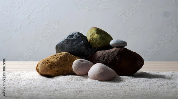 Fototapeta A composition of various stones arranged on a sandy surface, showcasing different textures and colors against a plain background.