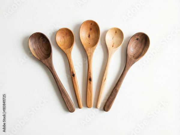 Fototapeta Group of five various natural wood cooking spoons and spatulas arranged in a fan shape isolated on a white background
