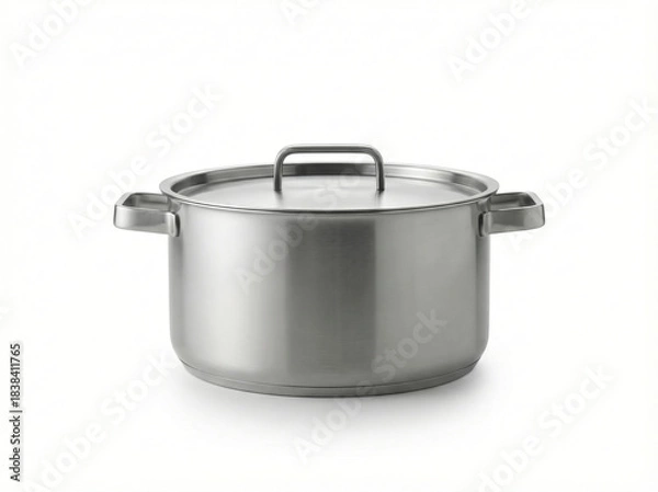 Fototapeta Shiny stainless steel cooking pot with sturdy side handles and a metal lid isolated against a pure white studio background