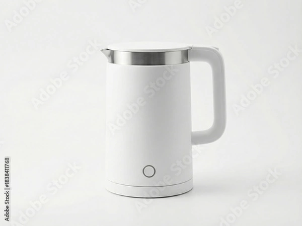Fototapeta Sleek modern matte white electric water kettle with a minimalist handle and button control isolated on a white background