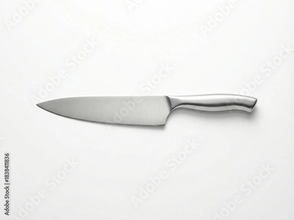 Fototapeta Minimalist high-quality polished stainless steel chef's knife isolated on a pure white studio background with soft shadow