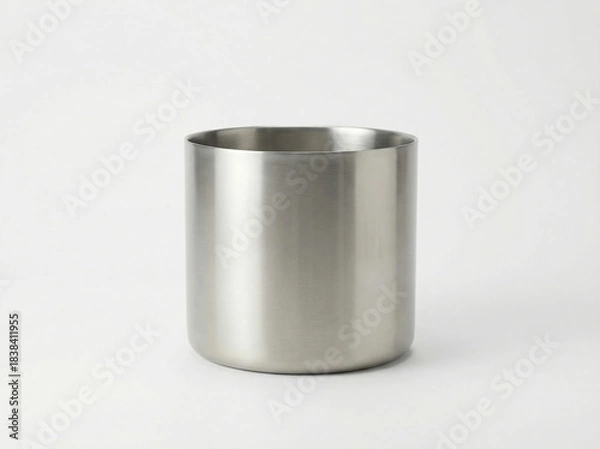 Fototapeta Sleek modern metallic cylinder cachepot or planter with a brushed stainless steel texture isolated on a white background