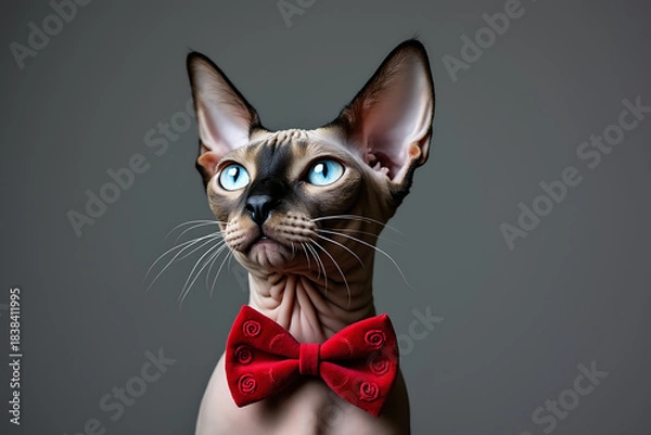 Fototapeta Elegant sphynx cat wearing a red bow tie