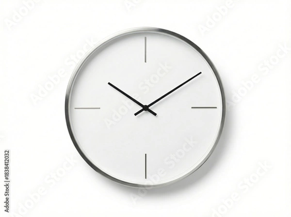 Fototapeta Modern minimalist wall clock with thin metal frame and hour markers against a clean white face, isolated view