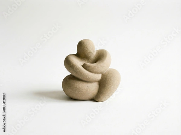 Fototapeta Small abstract modern home decor sculpture in a seated figure shape with a matte beige stone texture isolated on white