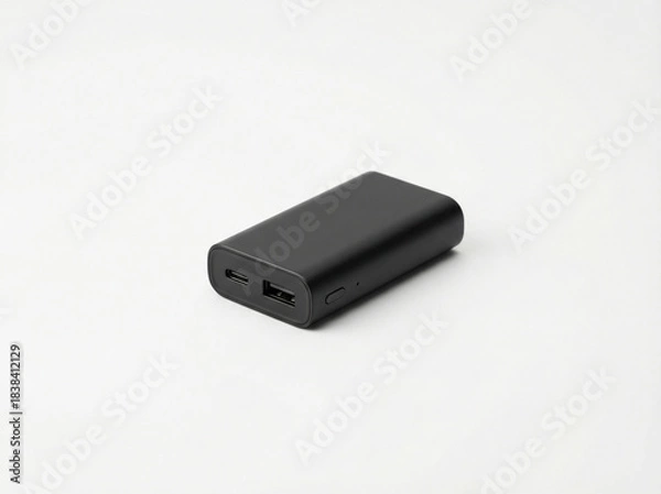 Fototapeta Compact rectangular matte black power bank with USB and USB-C ports isolated on a plain white studio background