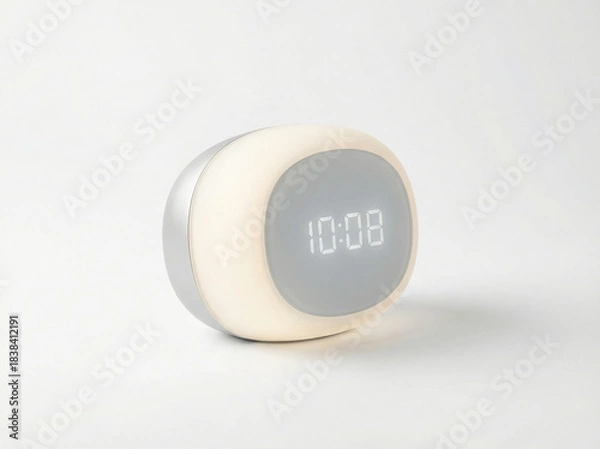 Fototapeta Minimalist rounded digital desk clock with illuminated display and silver finish, showing the time 10:08, isolated on white