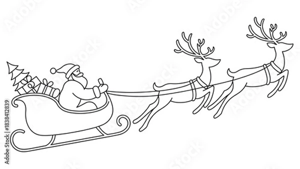 Fototapeta Continuous line art illustration of Santa Claus riding a sleigh with reindeer carrying gifts and Christmas tree in a minimal festive holiday design