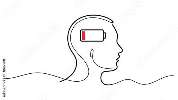 Fototapeta Minimal continuous line art human head with low battery icon symbolizing stress burnout fatigue and mental exhaustion in modern conceptual illustration