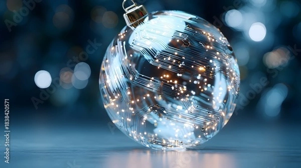 Fototapeta Holographic Christmas sphere containing glowing digital circuits with floating sparkles and a refined soft-focus holiday backdrop