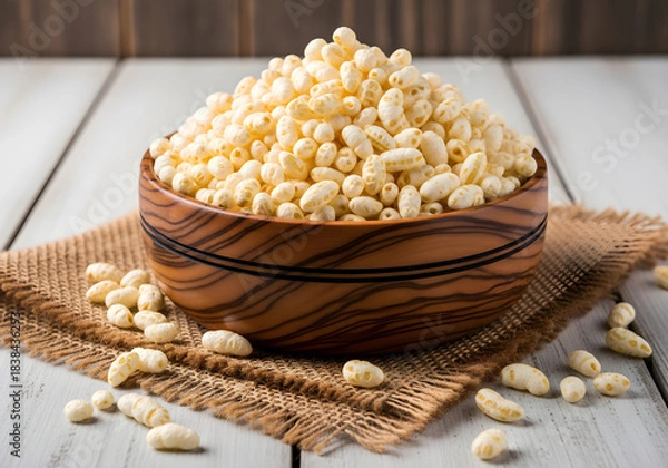 Obraz Puffed rice or Murmura in a wooden bowl on burlap cloth