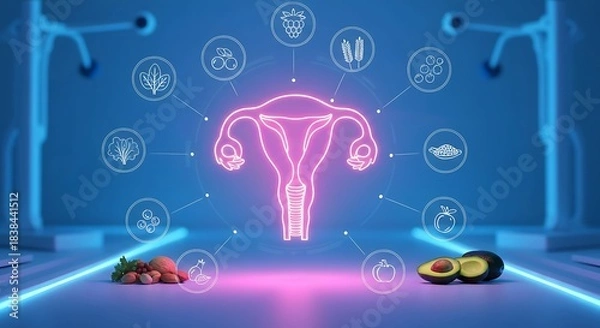 Fototapeta Vibrant neon outline of female reproductive system linked to healthy foods for wellness and fertility optimization