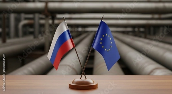 Fototapeta Diplomatic talks on vital energy supply between Russia and European Union symbolized by crossed flags over pipelines