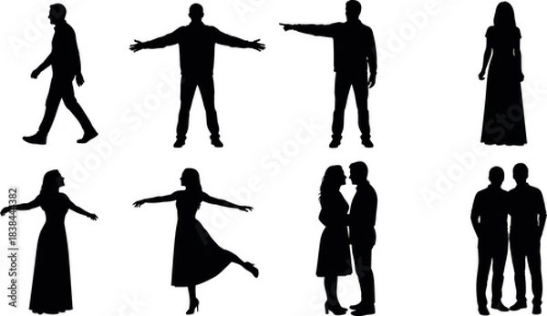 Obraz Silhouette people in various poses, gestures, and interactions for body language, design elements, art references, and stock illustration use.