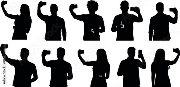 Obraz Silhouette people taking selfies with smartphones in various poses, modern lifestyle concept, digital culture, mobile photography, vector illustration