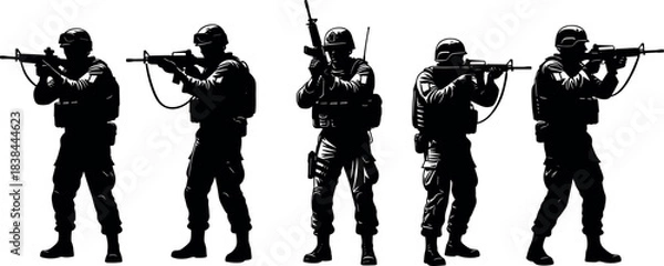 Obraz Silhouetted armed soldiers in tactical gear aiming rifles during combat mission, military operation, defense security, warfare illustration vector art