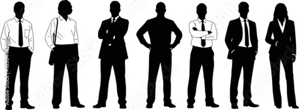 Obraz Silhouettes of Diverse Business Professionals in Formal Attire Posing Confidently for Corporate Presentation, Marketing, and Office Team Concepts