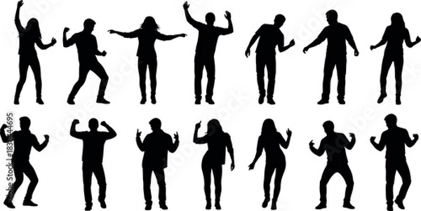 Obraz Silhouettes of Diverse People Dancing in Energetic Poses, Expressive Movement, Rhythm and Joy for Party, Festival, Event, Celebration Themes