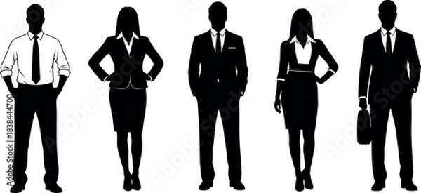 Obraz Silhouettes of diverse business professionals in formal attire showcasing corporate fashion, gender balance, and confident workplace posture for stock use.
