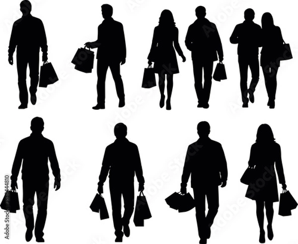 Obraz Silhouettes of people walking with shopping bags, urban lifestyle, consumer behavior, retail activity, black vector illustration for marketing use.