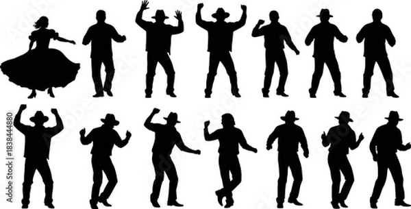 Obraz Silhouettes of Western Country Dancers in Cowboy Hats Performing Energetic Moves and Twirls for Line Dance and Rodeo Themes